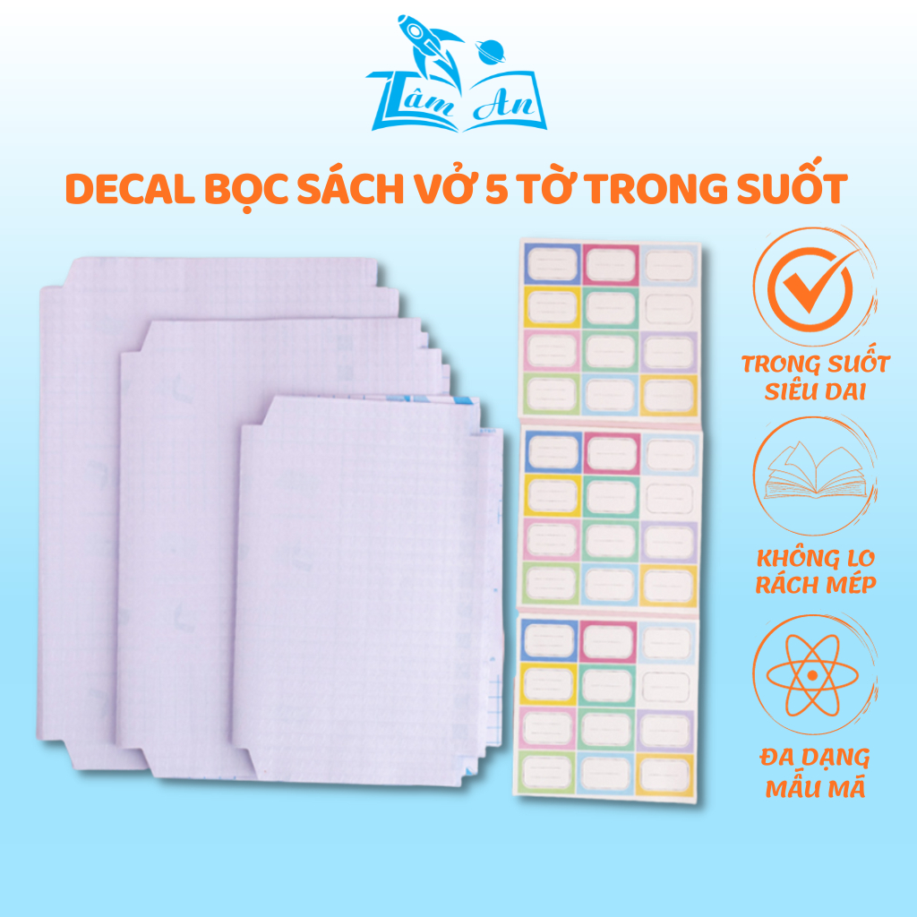 Decal bọc sách vở 5 tờ trong suốt nhiều size cho tập, sách giáo khoa, truyện, a4 - Nhà Sách Tâm An