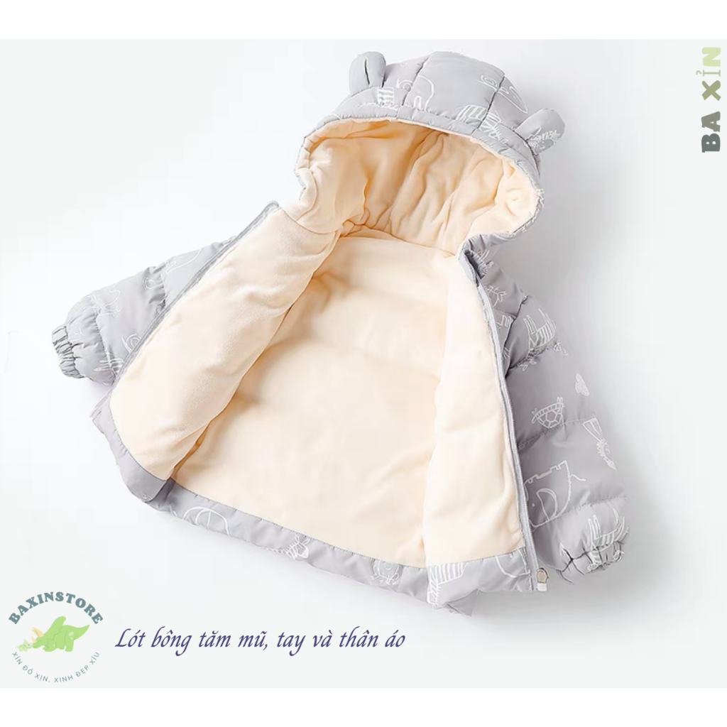 Áo phao mùa đông mũ tai gấu chần bông dày lót bông tăm cho bé trai bé gái size đại từ 2 đến 8 tuổi