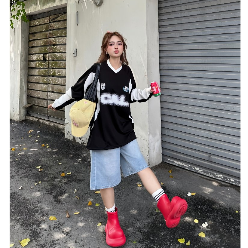 Calem Club - Áo thun tay dài poly 2 da cổ tim SPORTS có dây rút vải trơn, mềm mịn