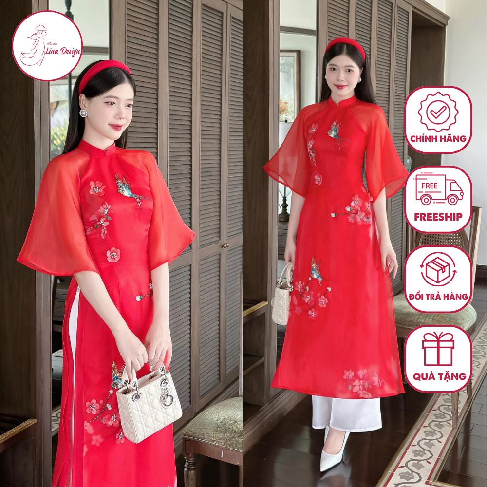 Áo dài cách tân nữ màu đỏ chất liệu organza duyên dáng thướt tha, tay lỡ đính kết hoa tạo điểm nhấn - Lina Design