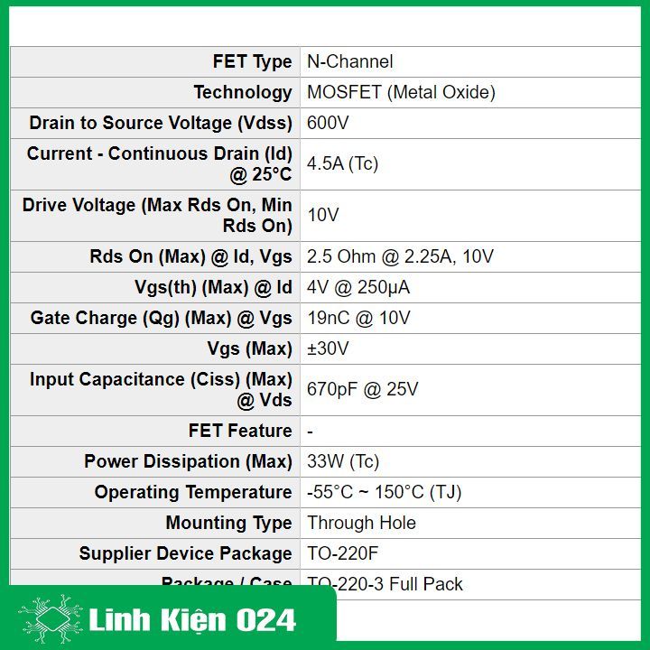 Sản phẩm MOSFET 5N60 TO-220 5A 600V N-CH