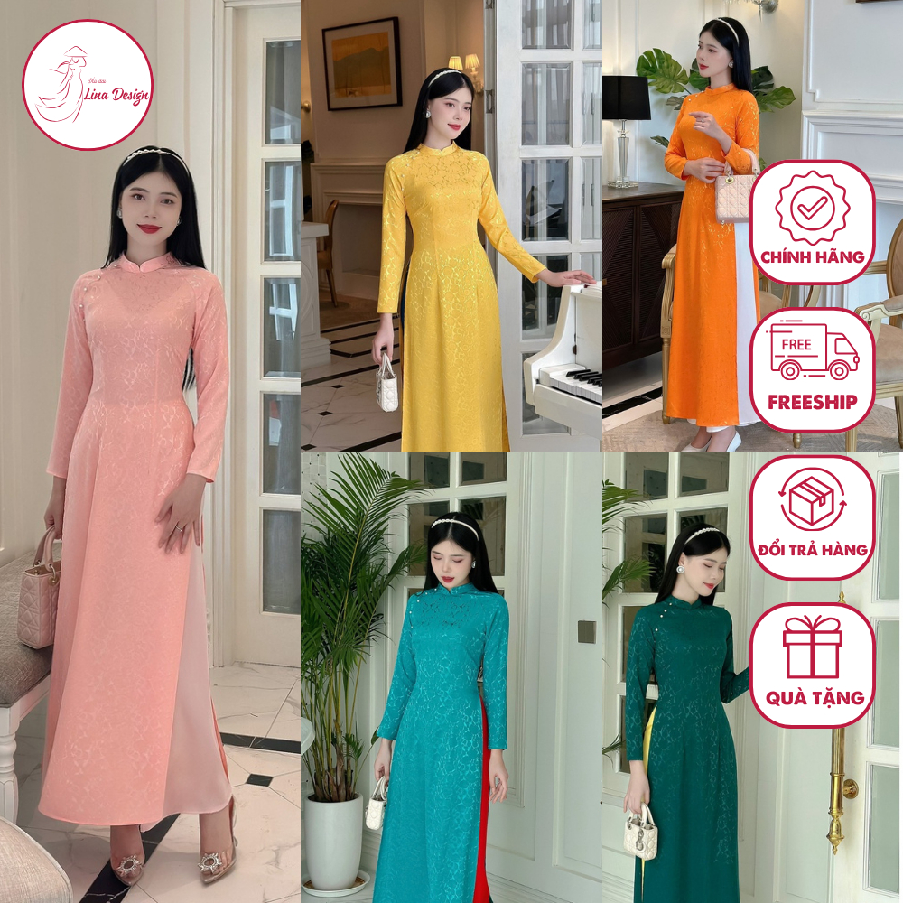 Áo dài truyền thống nữ màu sắc đa dạng chất liệu gấm tơ thiết kế tay dài form ôm tôn dáng đẹp - Lina Design