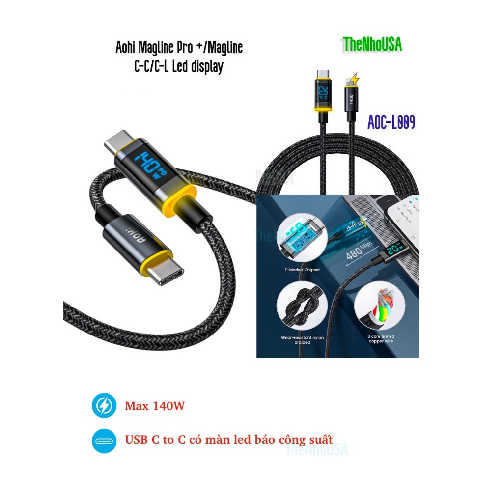 Cáp sạc nhanh Aohi 140W MagLine + / Pro + USB C-C / C-L có màn Led tiện lợi dài 1.2m (AOC - L009 / AOC - L010)