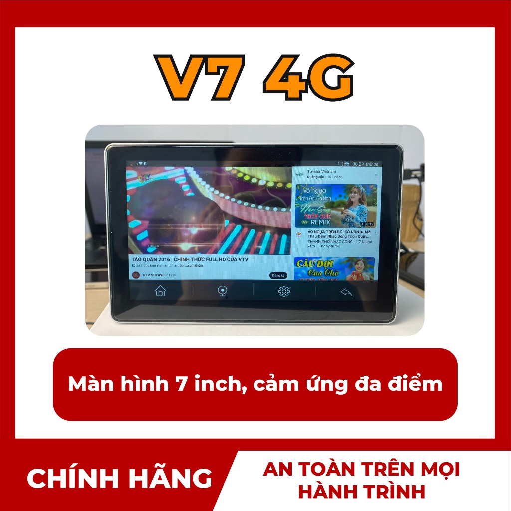 Camera hành trình kiêm màn hình Android V7 4G, Cảnh báo tốc độ, cam phạt nguội, ghi hình trước sau lùi xe có vạch kẻ