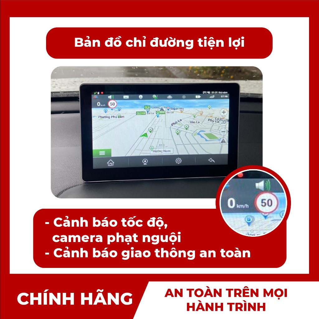 Camera hành trình kiêm màn hình Android V7 4G, Cảnh báo tốc độ, cam phạt nguội, ghi hình trước sau lùi xe có vạch kẻ