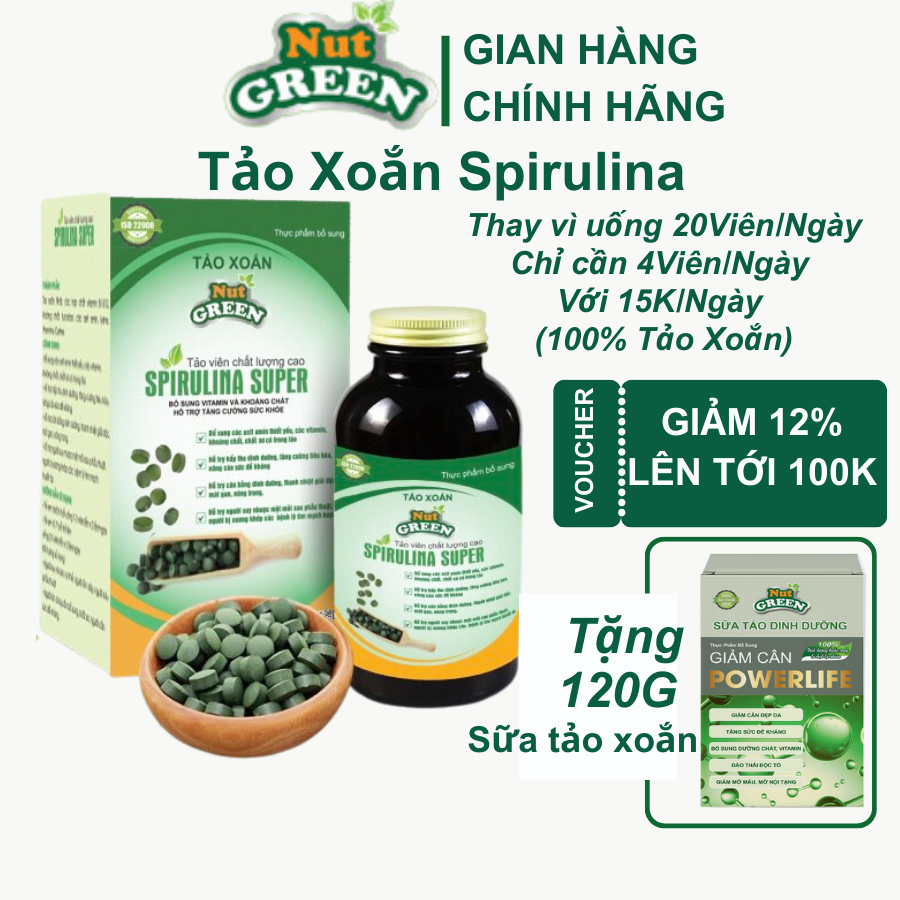 Tảo Xoắn dinh dưỡng Nutgreen, 2500 Viên Tảo Spirulina hỗ trợ giảm cân, người ốm dậy, trẻ táo bón, suy dinh dưỡng