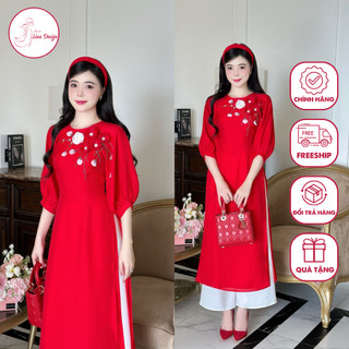 Áo dài cách tân nữ chất liệu tơ crep mềm mại thướt tha, màu đỏ cổ tròn đính hoa nổi bật trẻ trung - Lina Design