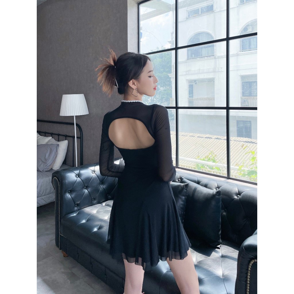 Đầm body quyến rũ Viibodysuit , đầm mini hai dây phối lưới tay loe dài 2K thanh lịch cho nữ | JOI Dress | Secodee