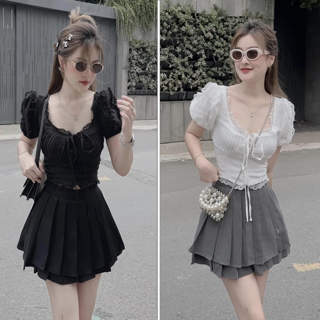 Set chân váy xếp ly mix áo cổ vuông viền ren ly ngực MC628