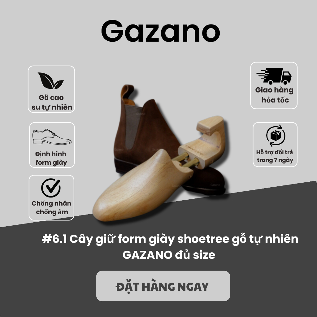 #6.1 Cây giữ form giày shoetree gỗ tự nhiên GAZANO đủ size giúp giảm nhăn giày da, giày thể thao