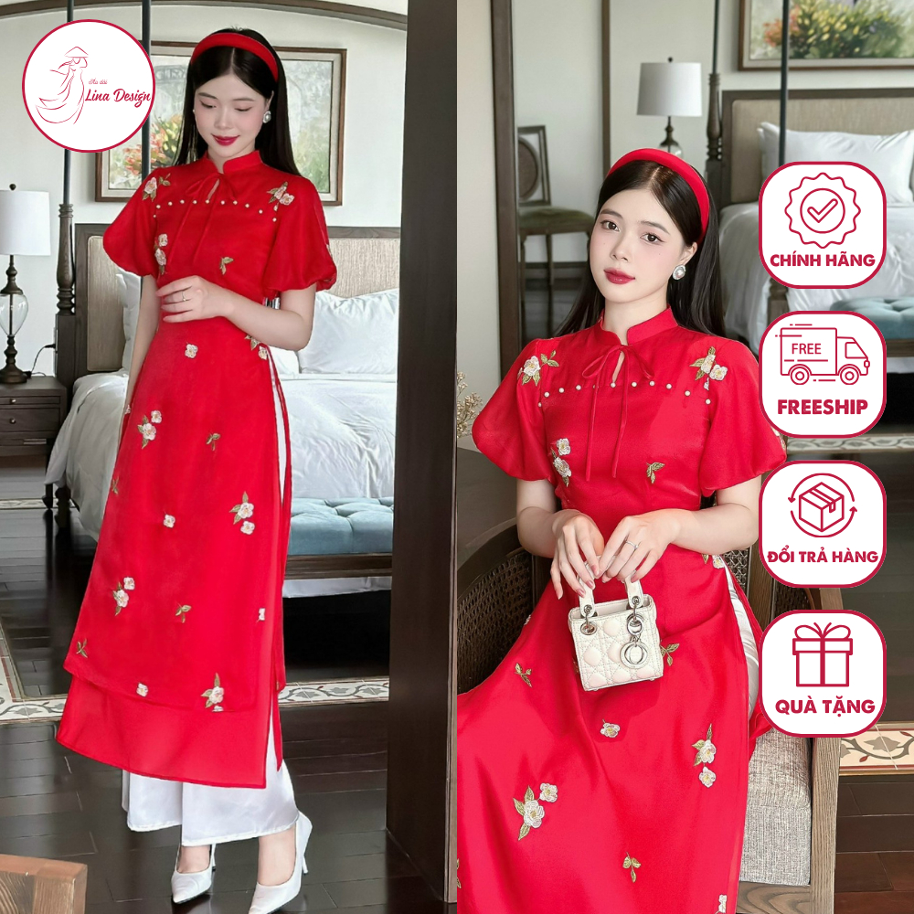 Áo dài cách tân nữ màu đỏ chất liệu tơ kim sa thiết kế màu đỏ cổ tàu thắt nơ điệu đà, tay bồng thêu hoa - Lina Design