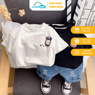 Set đồ bé trai áo thun cổ tròn TS ngắn tay, chất cotton trà sữa, quần Jean short thời trang trẻ em 1-7 tuổi (9-24kg)