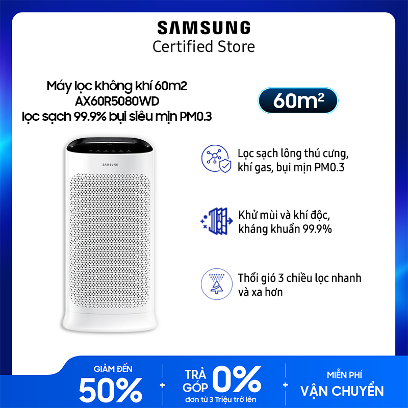 Máy lọc không khí Samsung 60m2 AX60R5080WD | Màng lọc 3 lớp 1năm