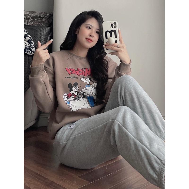 Sét nỉ bông ép mickey nâu mix quần ghi