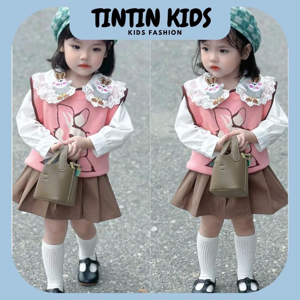 Set váy gile len hình thỏ 3 chi tiết, áo sơ mi, áo gile len, chân váy phong cách Hàn Quốc đi chơi, sự kiện cho bé gái