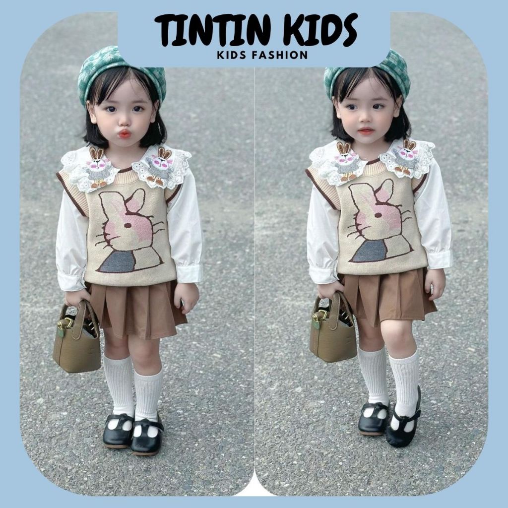 Set váy gile len hình thỏ 3 chi tiết, áo sơ mi, áo gile len, chân váy phong cách Hàn Quốc đi chơi, sự kiện cho bé gái