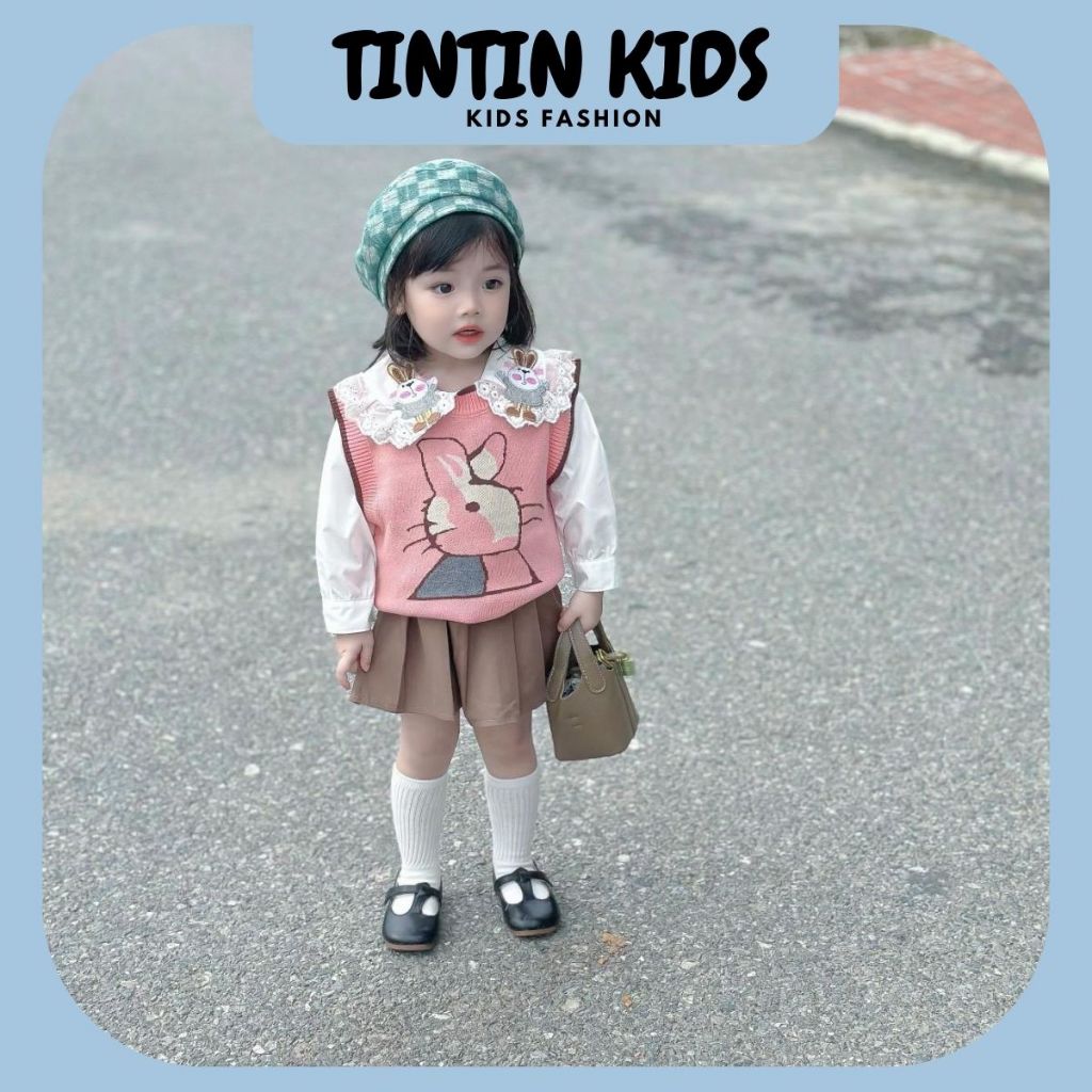 Set váy gile len hình thỏ 3 chi tiết, áo sơ mi, áo gile len, chân váy phong cách Hàn Quốc đi chơi, sự kiện cho bé gái