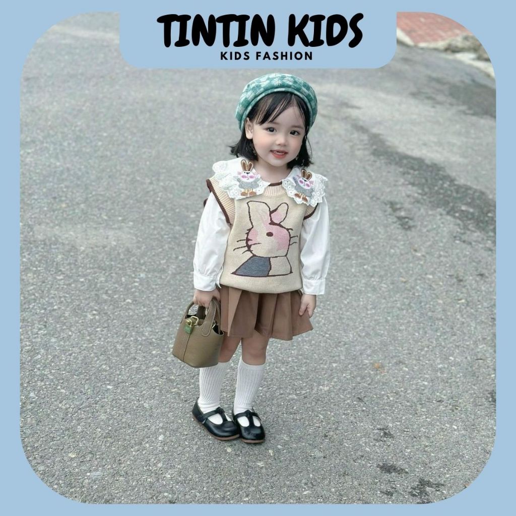 Set váy gile len hình thỏ 3 chi tiết, áo sơ mi, áo gile len, chân váy phong cách Hàn Quốc đi chơi, sự kiện cho bé gái