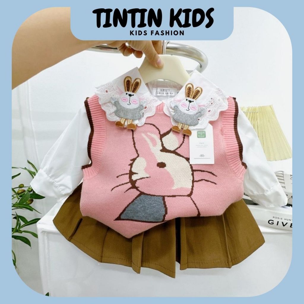 Set váy gile len hình thỏ 3 chi tiết, áo sơ mi, áo gile len, chân váy phong cách Hàn Quốc đi chơi, sự kiện cho bé gái