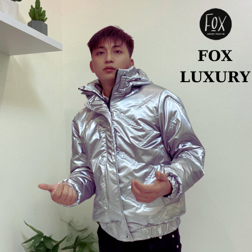 Áo Phao Bạc Nam Chần Bông Dáng Ngắn, Áo Phao Bóng Dập Chữ, Mũ Tháo Rời Fox Luxury