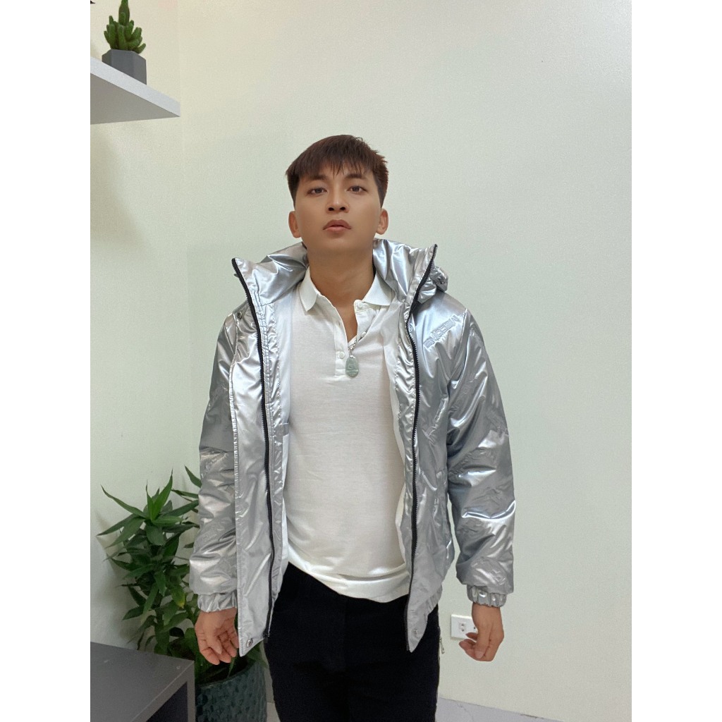 Áo Phao Bạc Nam Chần Bông Dáng Ngắn, Áo Phao Bóng Dập Chữ, Mũ Tháo Rời Fox Luxury