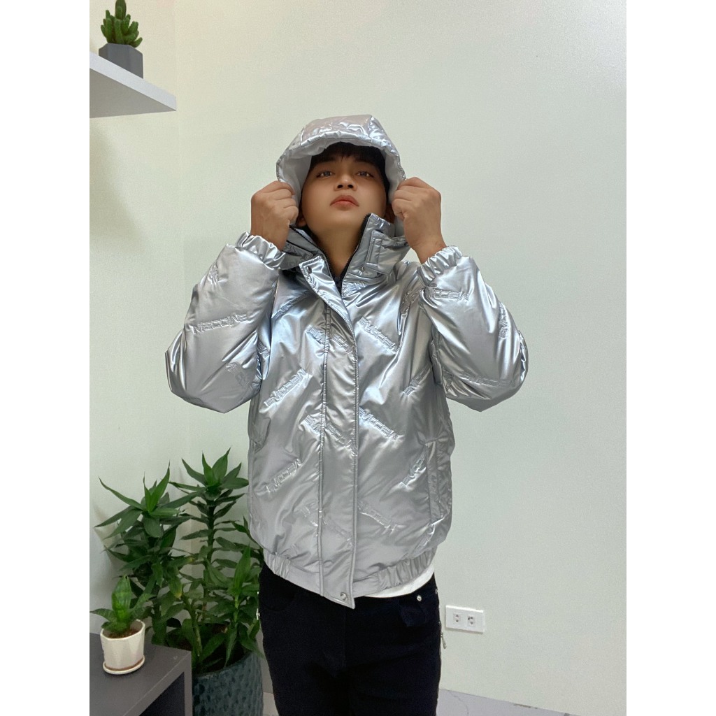 Áo Phao Bạc Nam Chần Bông Dáng Ngắn, Áo Phao Bóng Dập Chữ, Mũ Tháo Rời Fox Luxury
