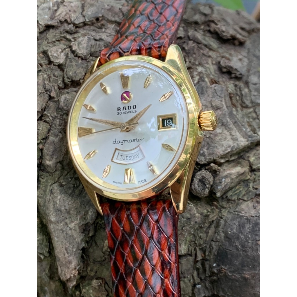 Đồng hồ nam Rado Daymaster mặt cười automatic 30 jewels, niềng mạ vàng,  máy vàng, 1 lịch, dây da Swiss made