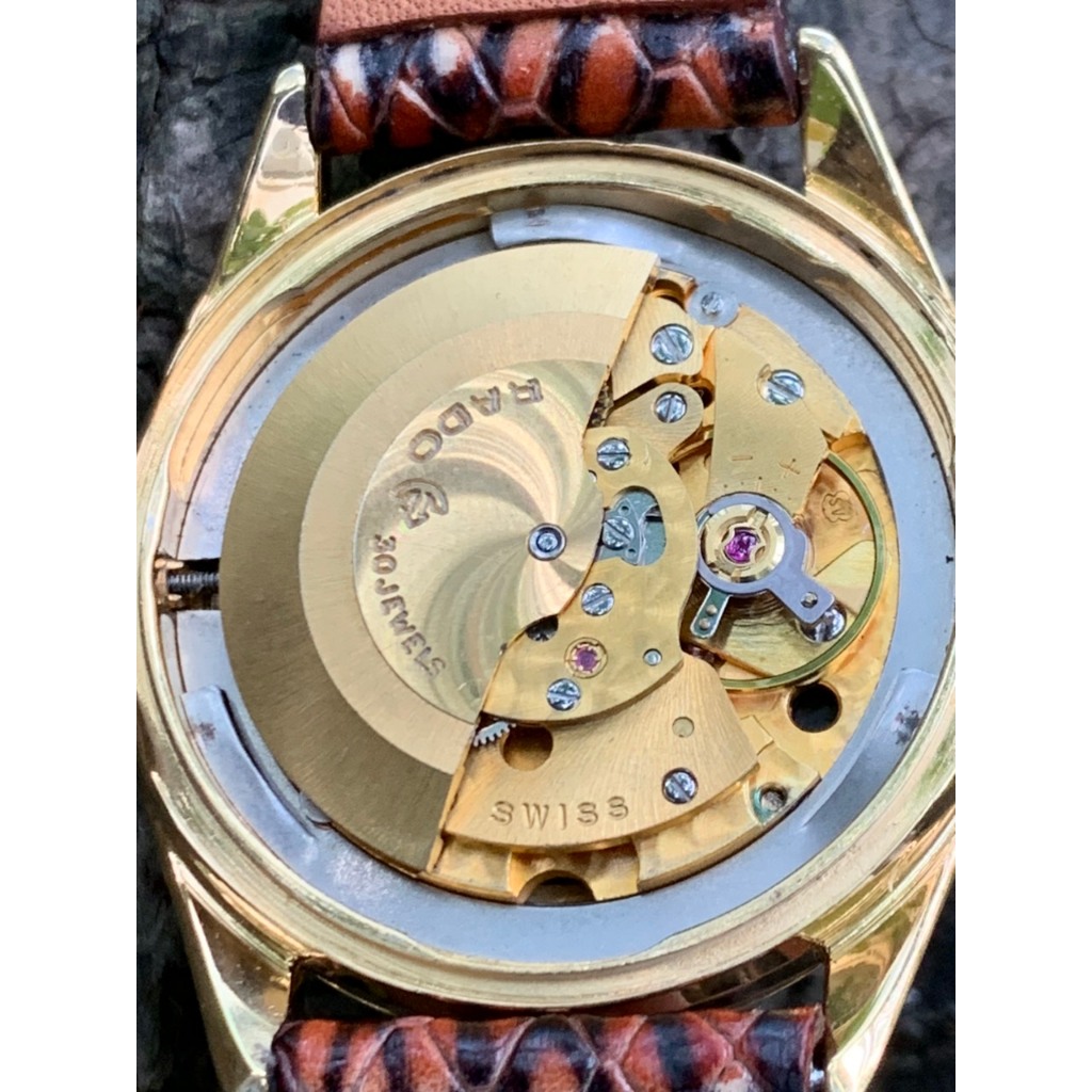 Đồng hồ nam Rado Daymaster mặt cười automatic 30 jewels, niềng mạ vàng,  máy vàng, 1 lịch, dây da Swiss made