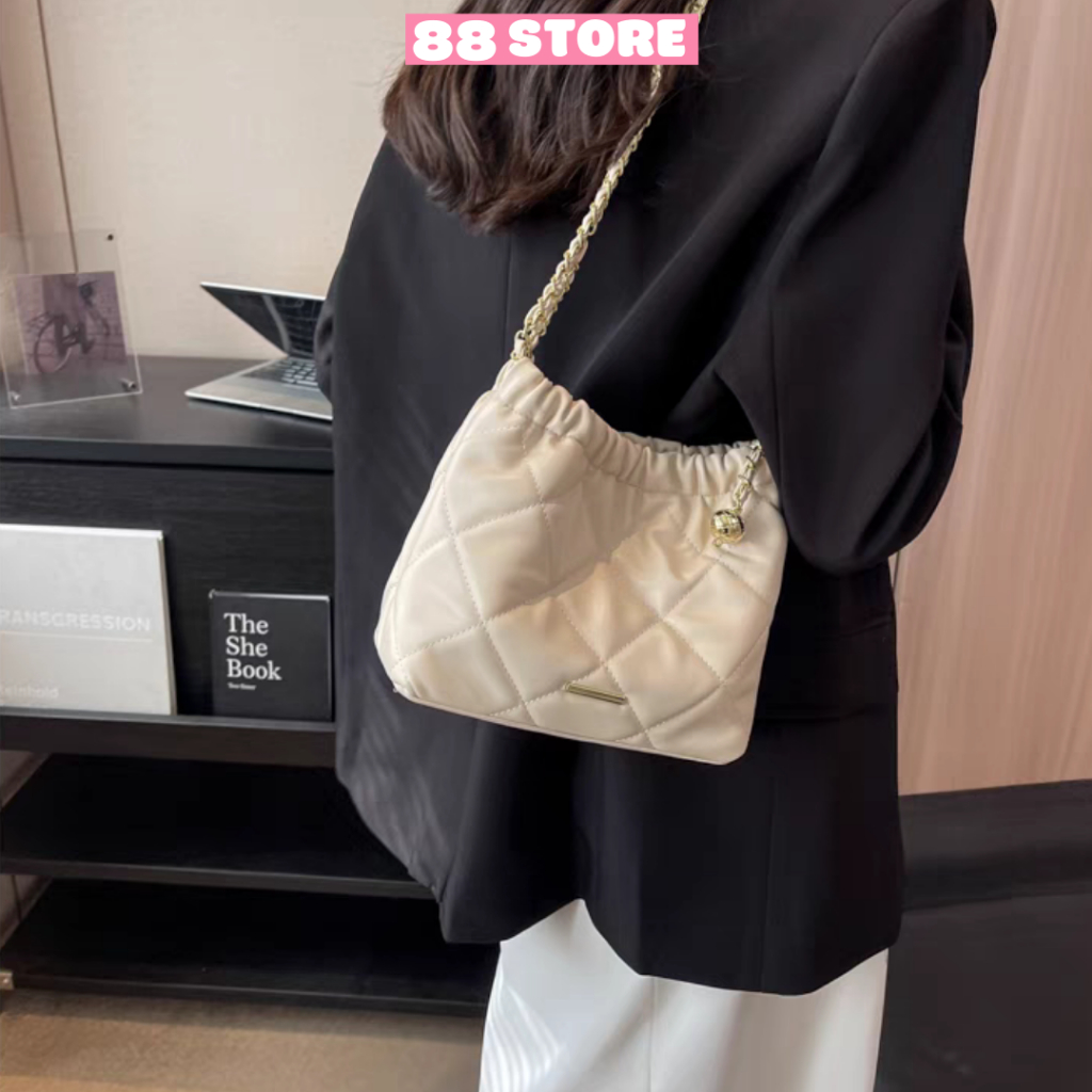 Túi xách nữ đeo chéo đeo vai kẹp nách da pu trần trám phối dây rút đi tiệc đi chơi sang chảnh 88store TT-270