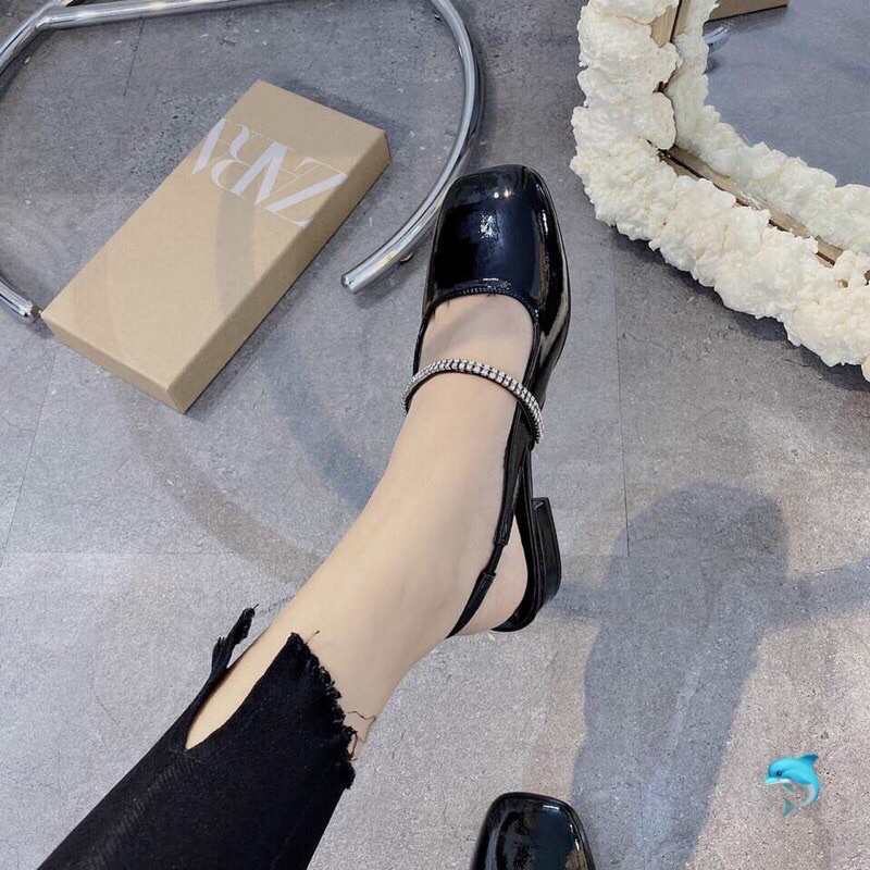 Ảnh thật, cận chất- Dép sandal cao gót mũi vuông da bóng quai đá gót vuông 4cm