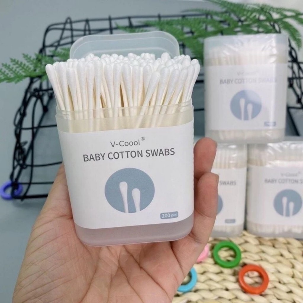 Tăm bông Vcool cho bé sơ sinh và trẻ em hộp 200 que 2 đầu dẹt và tròn, thân giấy mềm mại an toàn cho trẻ
