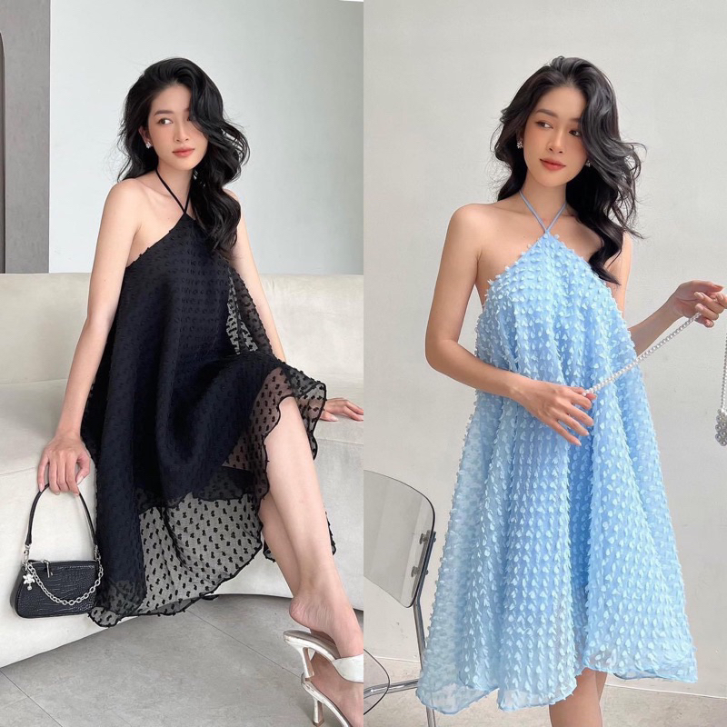 Đầm xoè cổ yếm chất liệu organza, sang chảnh - 262