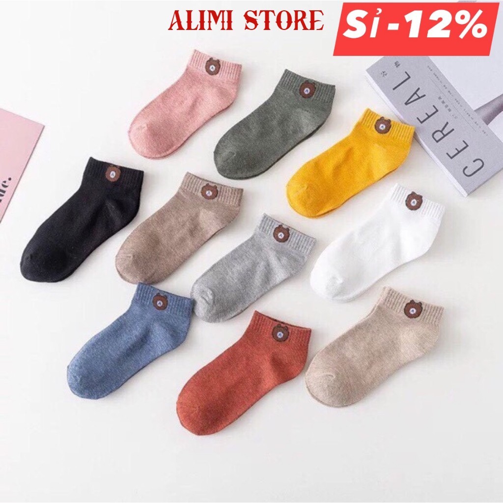 Tất gấu  Combo 10 đôi tất gấu nữ cổ ngắn họa tiết tặng kèm túi đựng