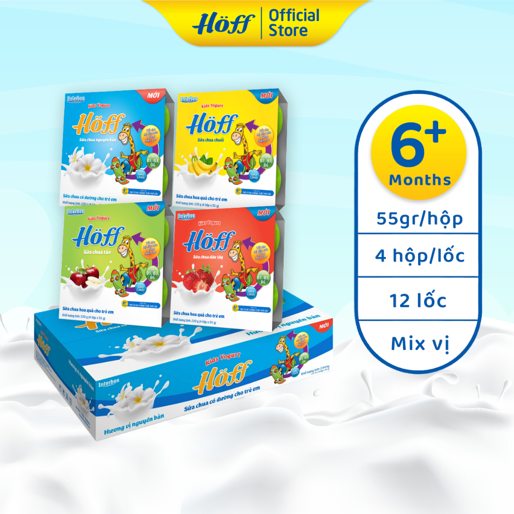 Sữa Chua trẻ em Hoff Mix bốn vị 1 THÙNG- 12 LỐC  48 hộp x 55gr