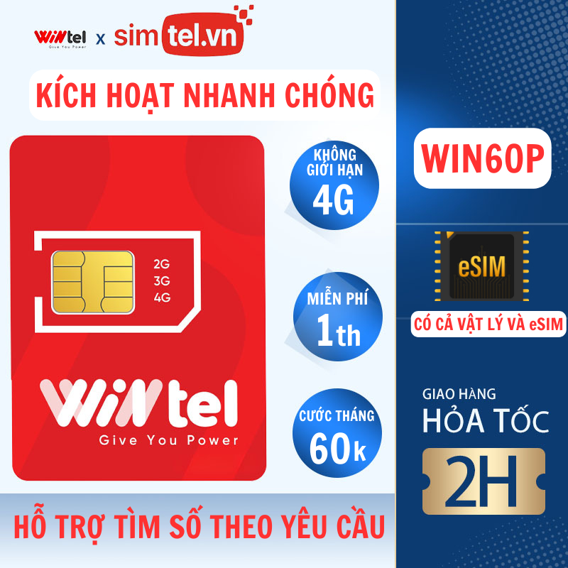 Sim Data 4G Wintel Win60P Tốc Độ Cao Không Giới Hạn, Sim Wintel W60P Hỗ Trợ Đăng Ký Kích Hoạt Nhanh Chóng