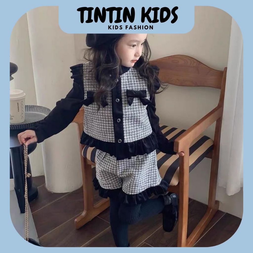 Set dạ thu 3 chi tiết kẻ đen  QCCC dai tay Cho Bé Gái, Set Dạ đen Hot Cho Bé 7-18kg