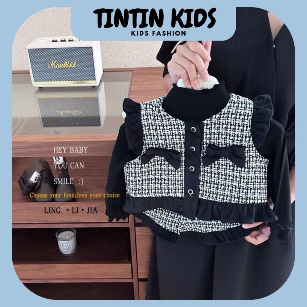 Set dạ thu 3 chi tiết kẻ đen  QCCC dai tay Cho Bé Gái, Set Dạ đen Hot Cho Bé 7-18kg