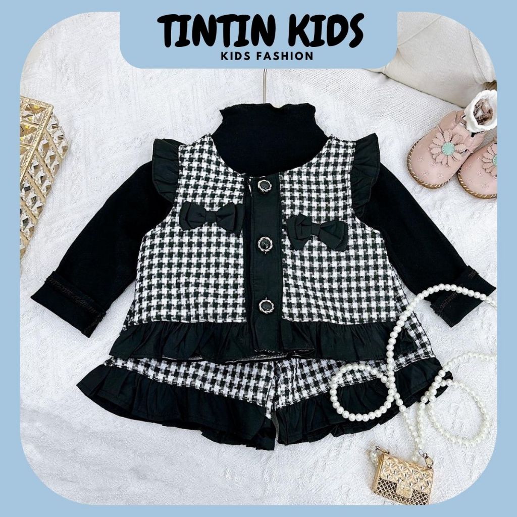 Set dạ thu 3 chi tiết kẻ đen  QCCC dai tay Cho Bé Gái, Set Dạ đen Hot Cho Bé 7-18kg