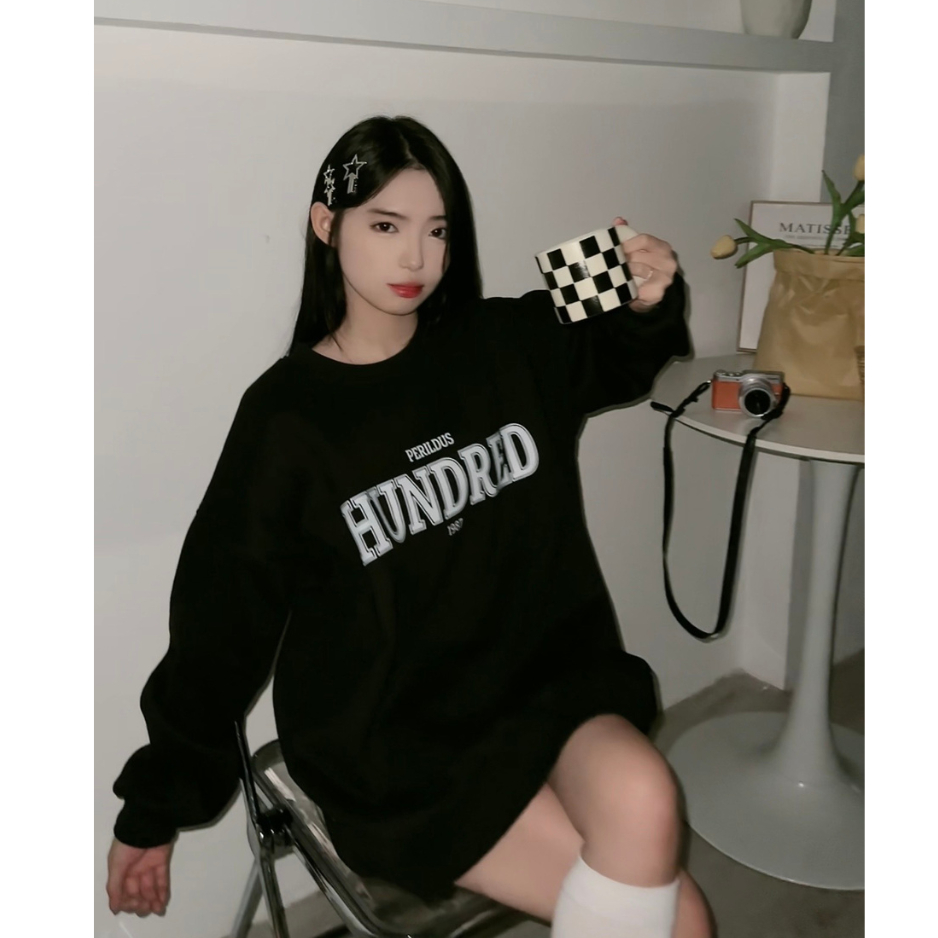 Áo nỉ sweater form rộng unisex tay bồng hoạ tiết HUNDRED basic TOSUN S14