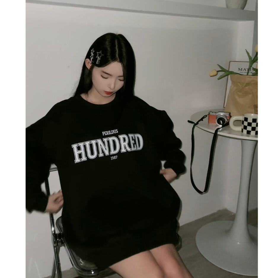 Áo nỉ sweater form rộng unisex tay bồng hoạ tiết HUNDRED basic TOSUN S14