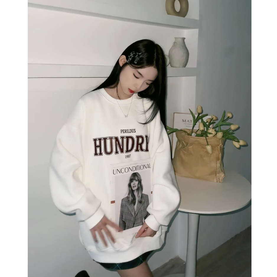 Áo nỉ sweater form rộng unisex tay bồng hoạ tiết HUNDRED basic TOSUN S14