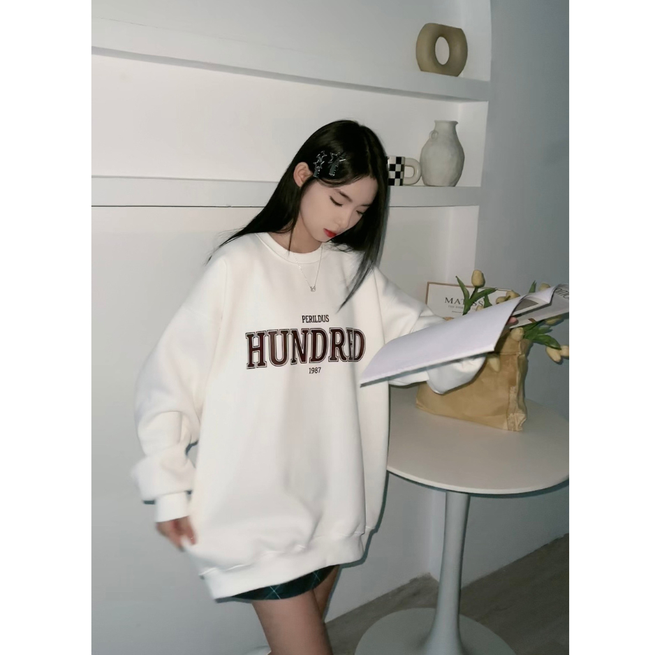 Áo nỉ sweater form rộng unisex tay bồng hoạ tiết HUNDRED basic TOSUN S14