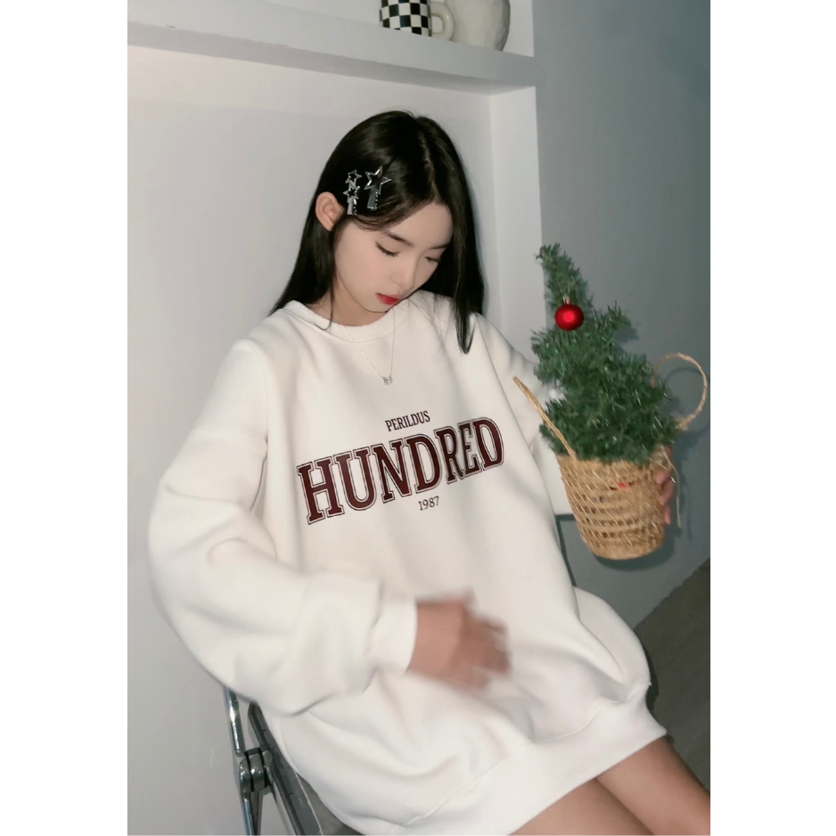 Áo nỉ sweater form rộng unisex tay bồng hoạ tiết HUNDRED basic TOSUN S14