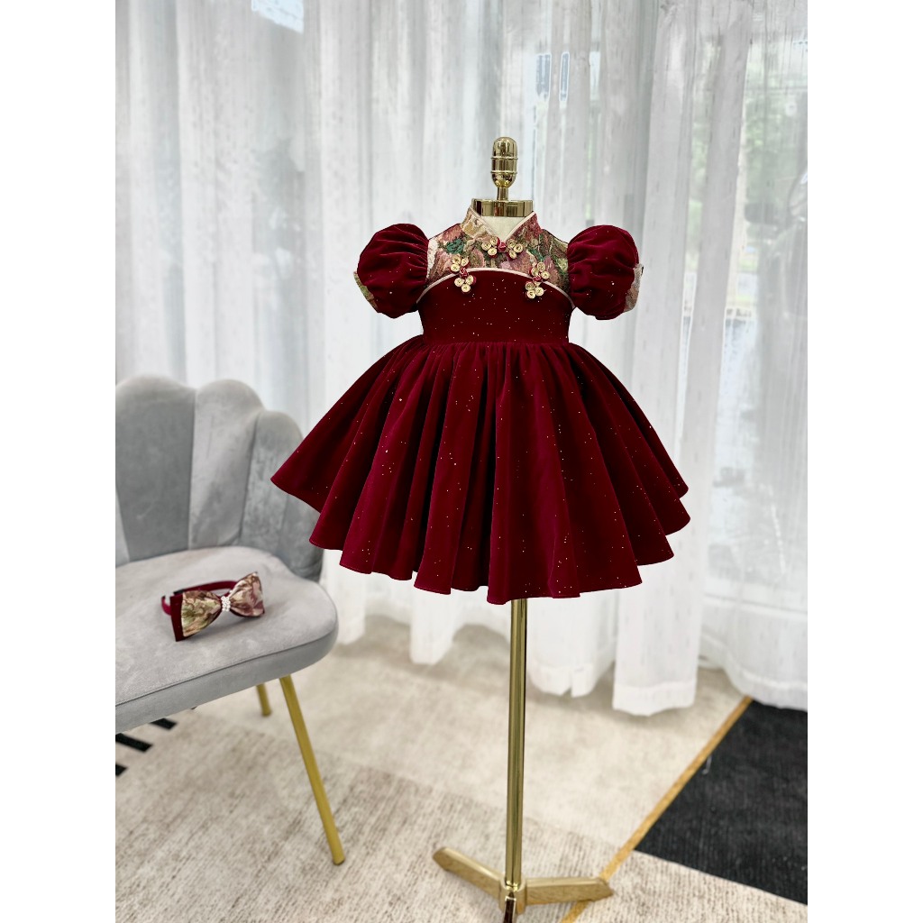 Váy công chúa bé gái - váy cho bé gái, váy thiết kế đỏ nơ phối màu đỏ đô sang trọng cho bé đi tiệc (size 10kg-30kg)