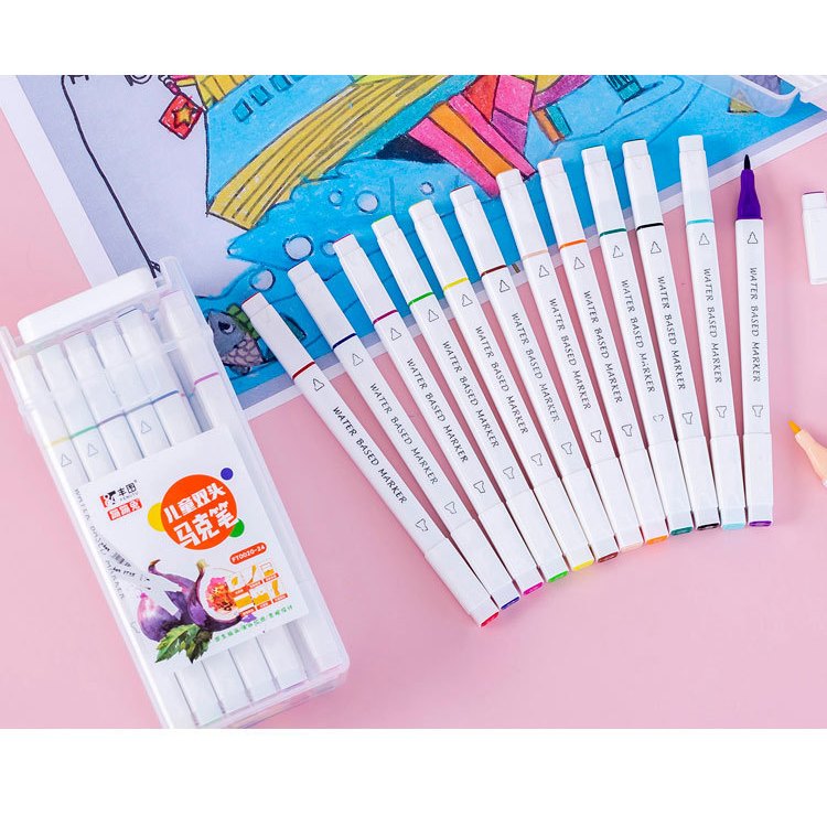 Bút màu marker gốc nước mini hai đầu combo 12/24/36/48 màu, đồ dùng văn phòng phẩm E1453