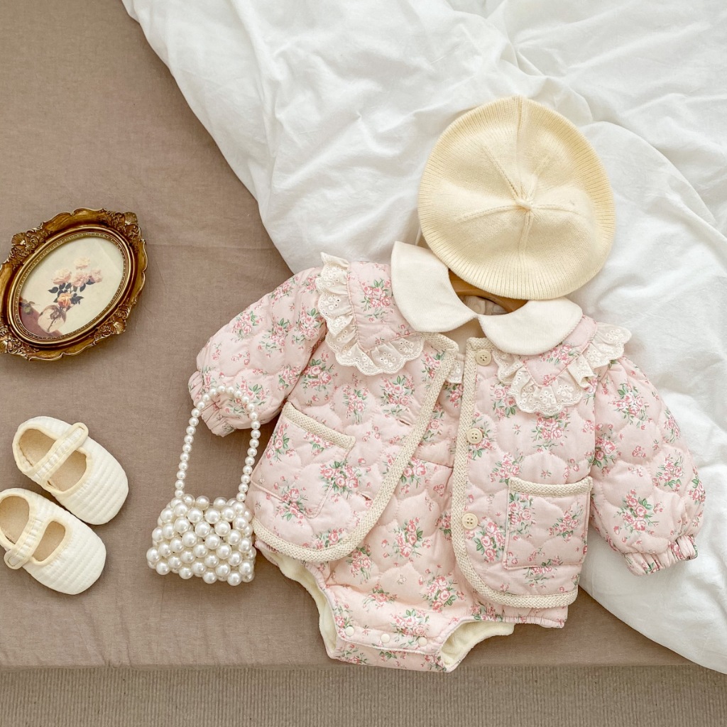 Bodysuit lót nỉ kèm áo khoác trần bông thời trang thu đông,phong cách Hàn Quốc dành cho bé gái