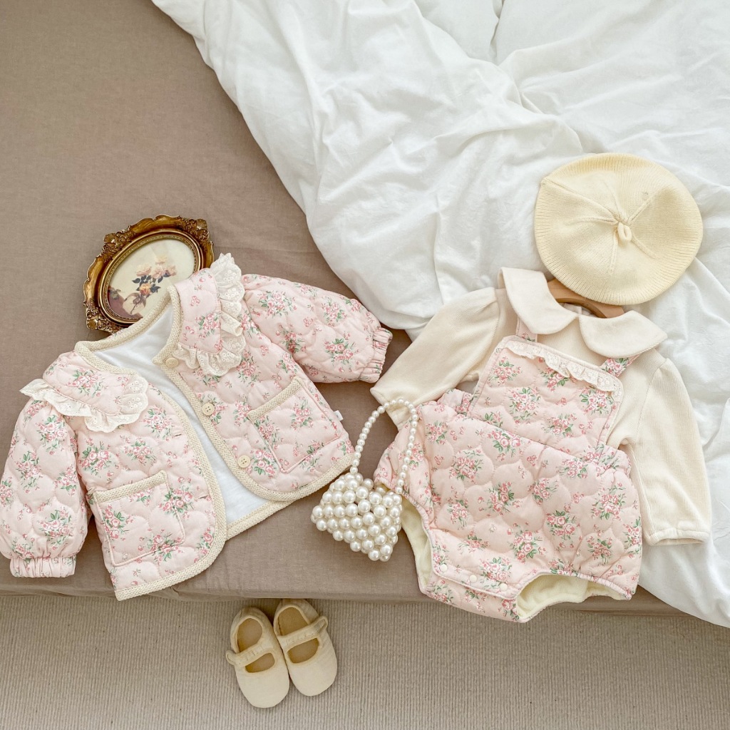 Bodysuit lót nỉ kèm áo khoác trần bông thời trang thu đông,phong cách Hàn Quốc dành cho bé gái