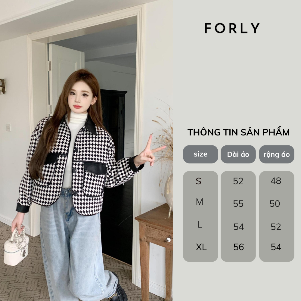 Áo khoác dạ tweet phối da Forly Áo khoác dạ dáng ngắn tay dài họa tiết kẻ caro FG007