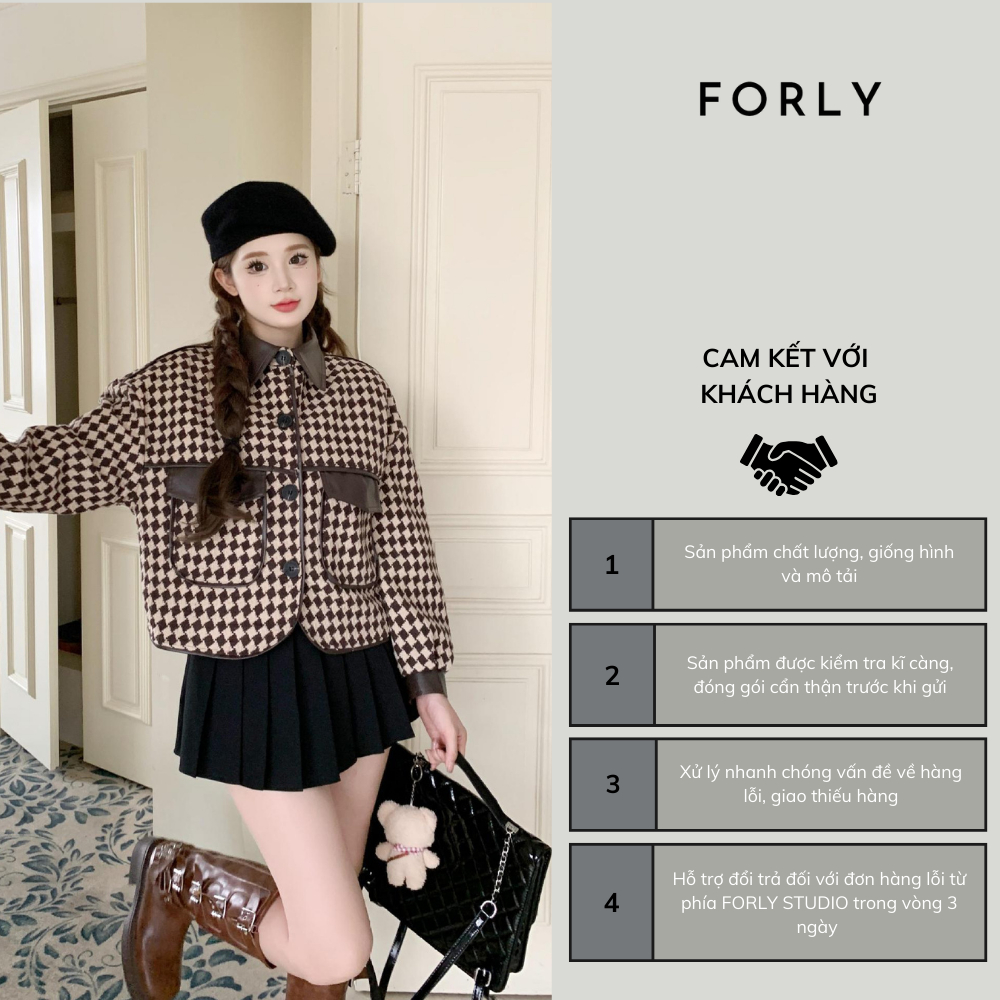 Áo khoác dạ tweet phối da Forly Áo khoác dạ dáng ngắn tay dài họa tiết kẻ caro FG007