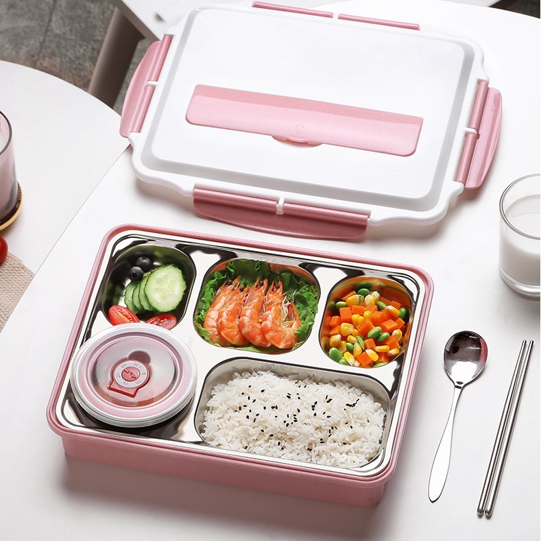 Khay Đựng Cơm 5 Ngăn -Hộp Cơm Đựng Thức Ăn Văn Phòng INOX Cao Cấp Hộp Có Để Canh Kèm Đũa Thìa Inox Giadungdep